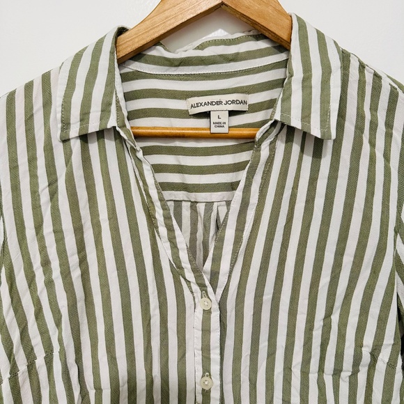 Alexander Jordan | Women’s Size Large White Green Stripe Long Sleeve Button Up - Picture 2 of 6